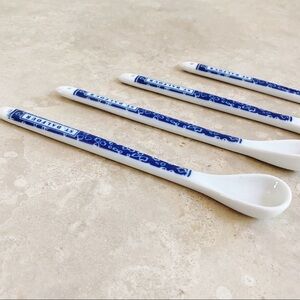 Set Of 4 Vintage French Porcelain Jam Tea Cocktail Spoons Blue & White